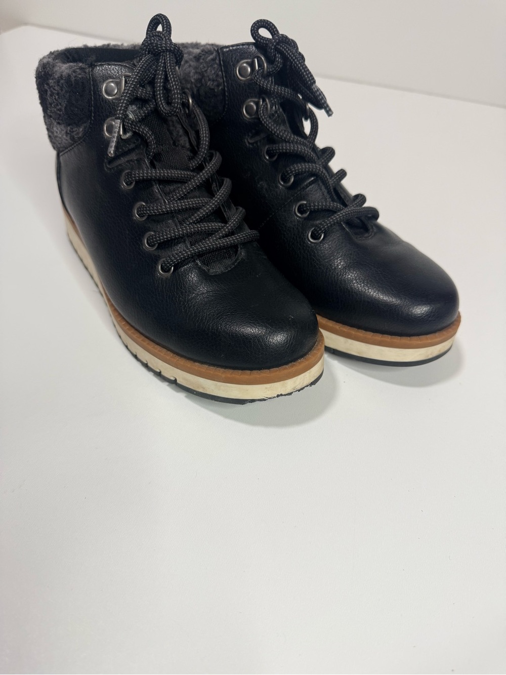 Collins Faux Fur-Lined Lace-Up Ankle Boots — Black
